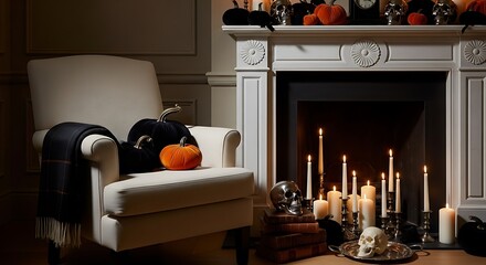 Elegant Halloween interior with a cozy armchair, flickering candles, and spooky decorations by a fireplace