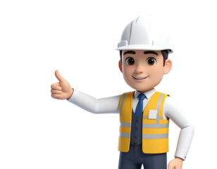 Young cartoon construction worker smiling and giving a thumbs up.