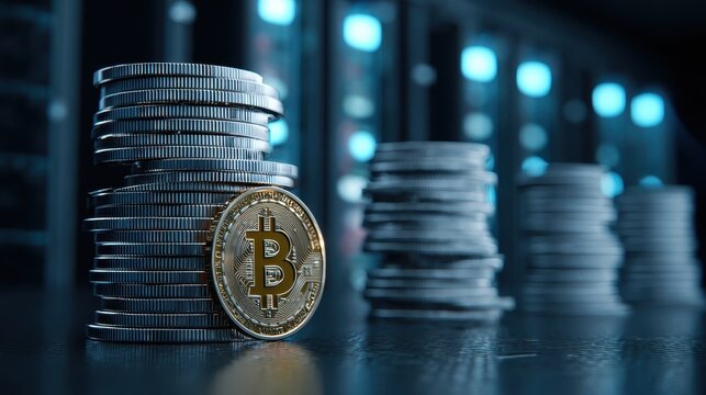 Stack of Bitcoins on Server Rack in Modern Data Center Environment - Powered by Adobe
