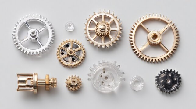 A collection of various precision gears and mechanical components meticulously arranged together. These intricate gears represent the essence of precision and engineering excellence