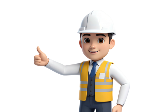 Young cartoon construction worker smiling and giving a thumbs up.