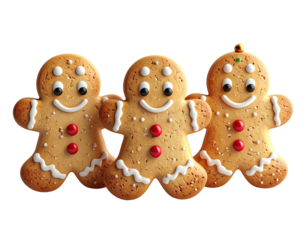 Three cheerful decorated gingerbread men cookies standing together.