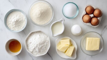 An array of ingredients prepared for baking, artfully arranged on a marble surface, creating a visually appealing scene. It captures the essence of home baking, with a variety of elements.
