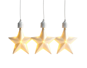 Three glowing star shaped light bulbs hanging in a row.
