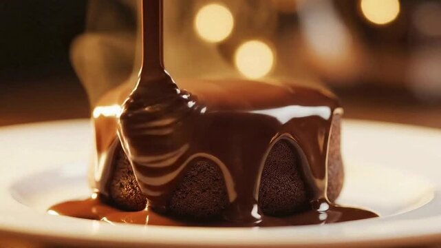 Rich chocolate lava cake gets drizzled with a molten chocolate sauce, decadently yummy