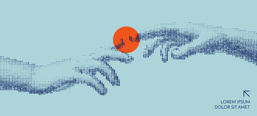 Hands reaching towards each other. Сascading digital code matrix. Concept of digitalization and artificial intelligence. 3D illustration for banner, flyer, poster, cover or brochure.