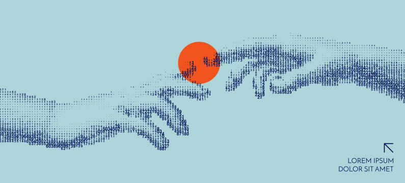 Hands reaching towards each other. Сascading digital code matrix. Concept of digitalization and artificial intelligence. 3D illustration for banner, flyer, poster, cover or brochure.