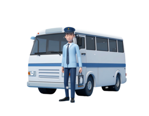 Miniature bus driver figure standing proudly by his vehicle on a white background.
