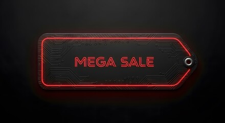 Neon Circuit Board Mega Sale Tag, Futuristic Black and Red Promotion Label