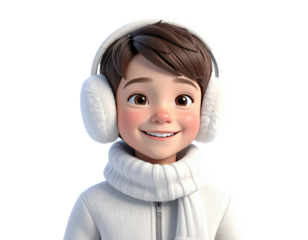 Portrait of a cute smiling cartoon boy in white winter clothes.