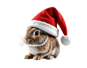 Adorable brown fluffy rabbit wearing a festive red Santa hat.