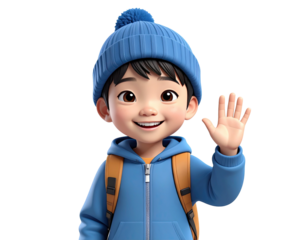 Cheerful 3D animated boy in blue winter clothes waving hello.