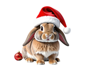 Adorable brown lop eared rabbit wearing a festive Santa hat for Christmas.