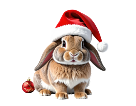 Adorable brown lop eared rabbit wearing a festive Santa hat for Christmas.