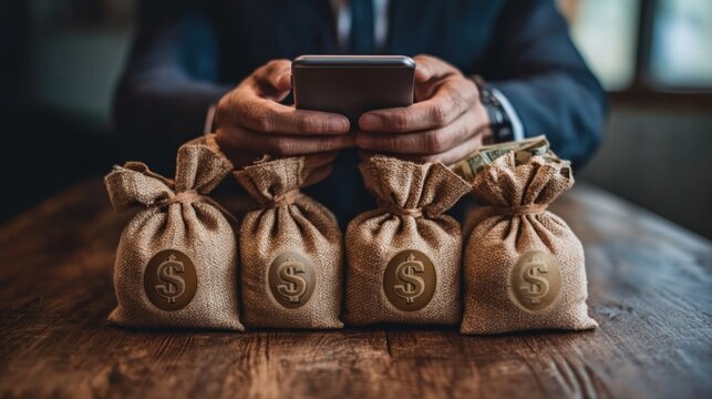 Currency exchange concept: Electronic fund transfer (EFT), cash, deposit, credit, and loan management. Businessman using smartphone with bank icon and currency money bags.