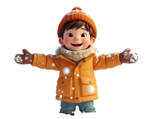 Joyful cartoon boy in an orange winter jacket with open arms.