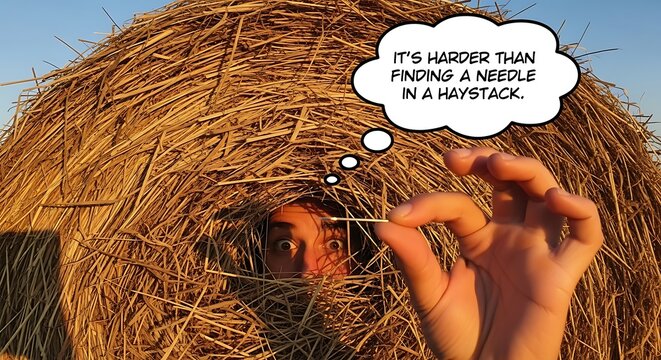 A person's face peeks through a large hay bale, holding a tiny object, with a thought bubble featuring a common idiom.