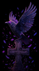 Obraz premium A Mysterious Raven Perched atop a Gravestone with wings spread wide 