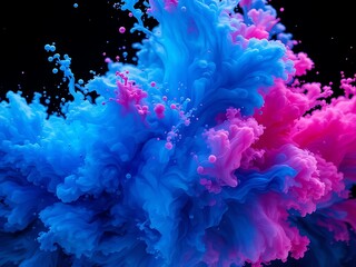 A dynamic explosion of swirling blue and pink ink in a black space