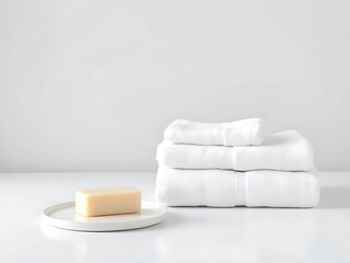 Clean and Minimalist White Towel Stack with Natural Soap in Bathroom Setting