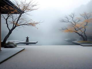 Serene Japanese Garden in Foggy Autumn with Lanterns and Minimalist Design