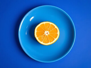 Vibrant orange slice sitting on a glossy blue plate on blue background