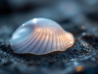 A softly illuminated seashell resting on dark granules evokes tranquility and reflection