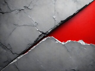 Abstract cracked gray surface revealing a vibrant red background creating dynamic tension