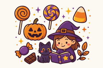 Halloween candy collection — lollipops, chocolate, and pumpkins vector