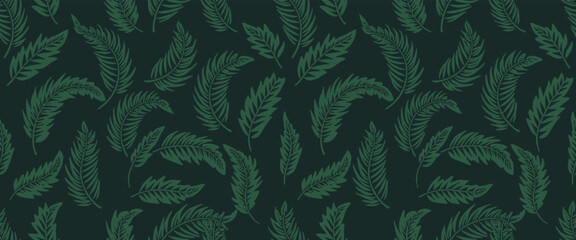 Seamless pattern of dark green fern leaves on a dark green background vector illustration