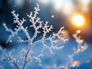 Delicate frost crystals adorn a wintry branch basking in golden sunlight