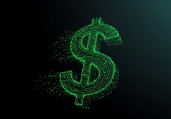 Abstract digital dollar sign made of green particles on a dark background