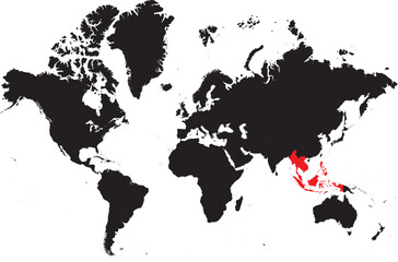 South East Asia Region on the World Map Highlighted
