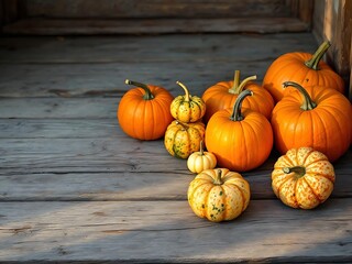 Autumn Harvest Still Life with Pumpkins on Rustic Wood Surface in Sunlight