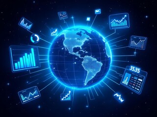 Global Digital Network with Data Analysis Charts and Glowing Lines Connectivity