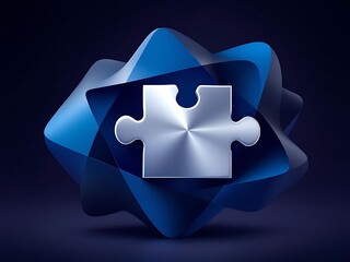 Silver Puzzle Piece Emblem with Abstract Blue Ribbon Background Design