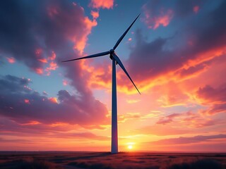 Wind turbine stands tall against a dramatic sunset sky, harnessing renewable energy