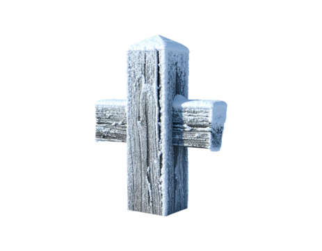 Old weathered wooden post covered in thick frost and ice crystals.