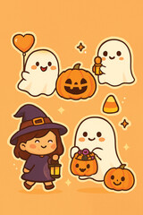 Cute Halloween sticker set with ghost vector illustration