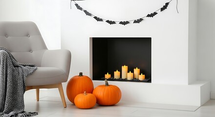 Cozy Halloween decoration with pumpkins, candles, and bat garland above a fireplace