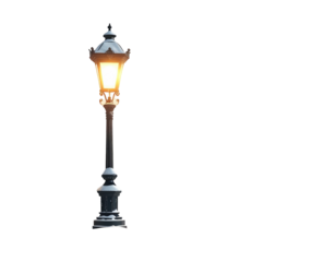 Ornate black vintage lamppost with a warm glowing light isolated on white.