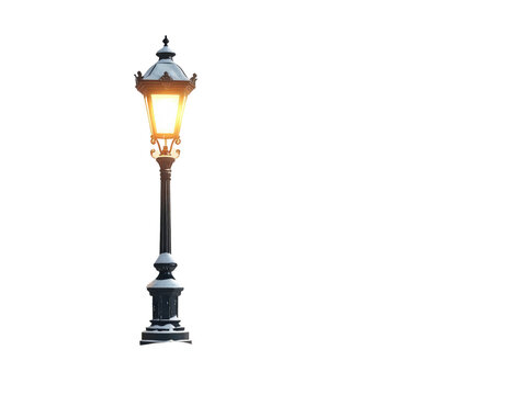 Ornate black vintage lamppost with a warm glowing light isolated on white.