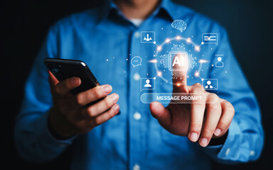 Person using smartphone with AI interface and chatbot icons