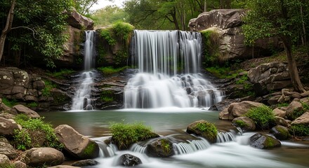 Obraz premium A tranquil waterfall cascades over mossy rocks, surrounded by lush greenery and tranquil water, creating a serene and peaceful natural scene.