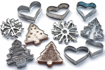 Collection of metal cookie cutters including hearts snowflakes and Christmas trees ideal for holiday baking and festive treats