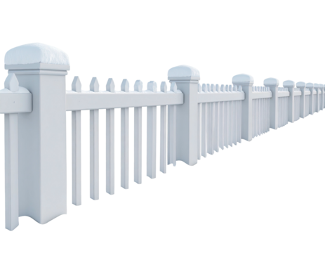 A long white picket fence stretching into the distance on an isolated background.