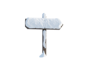 A rustic wooden arrow sign completely covered in thick snow isolated on white.