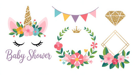 Cute unicorn and floral wreath vector set decorative design elements for baby shower invitations isolated on white background