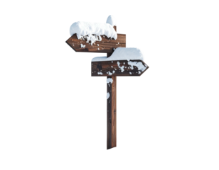 Wooden directional signpost with two arrows covered in snow.