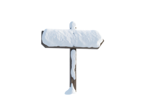 A rustic wooden arrow sign completely covered in thick snow isolated on white.